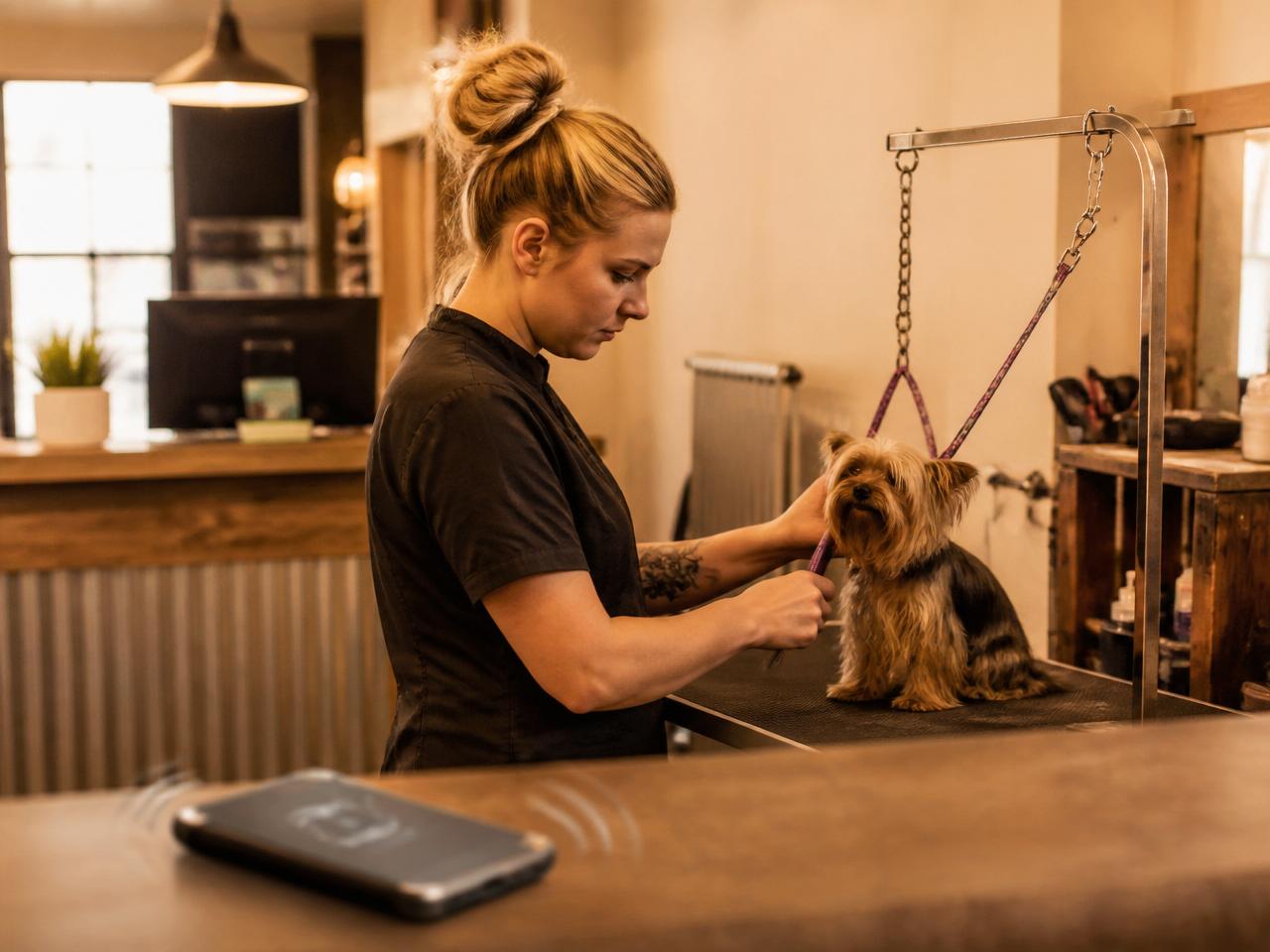 Groomer working with a small dog at the grooming table while the front desk phone rings in the background